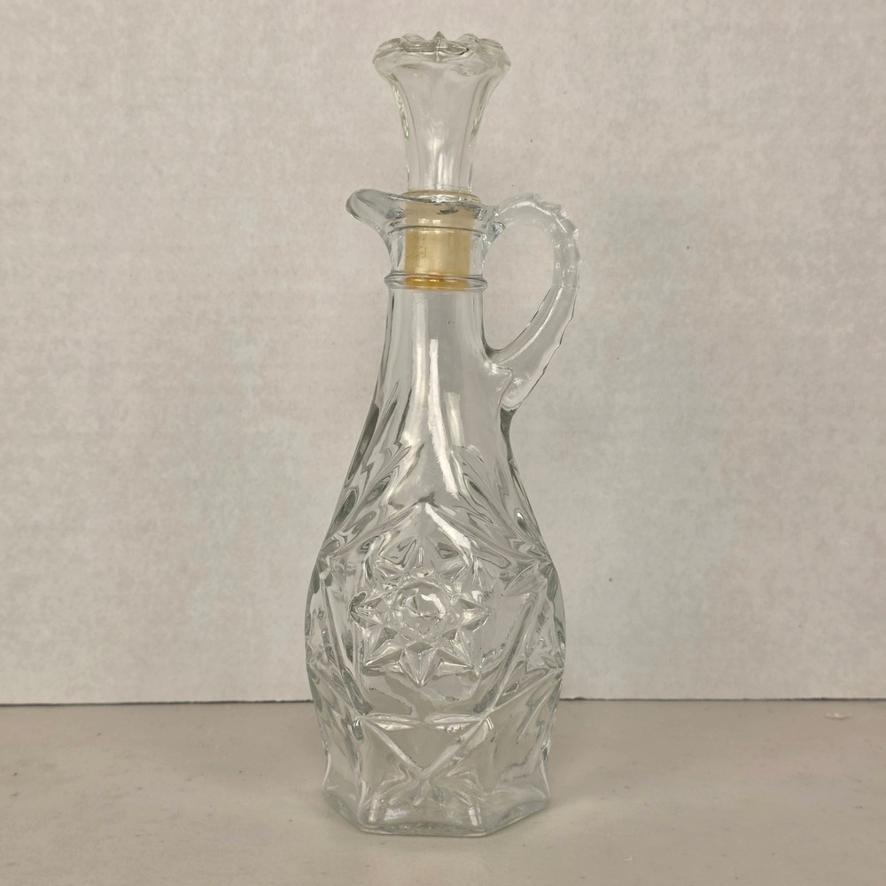 Vintage Anchor Hocking Clear Pressed Glass Cruet Stopper Star Fan Pattern 8 inch
